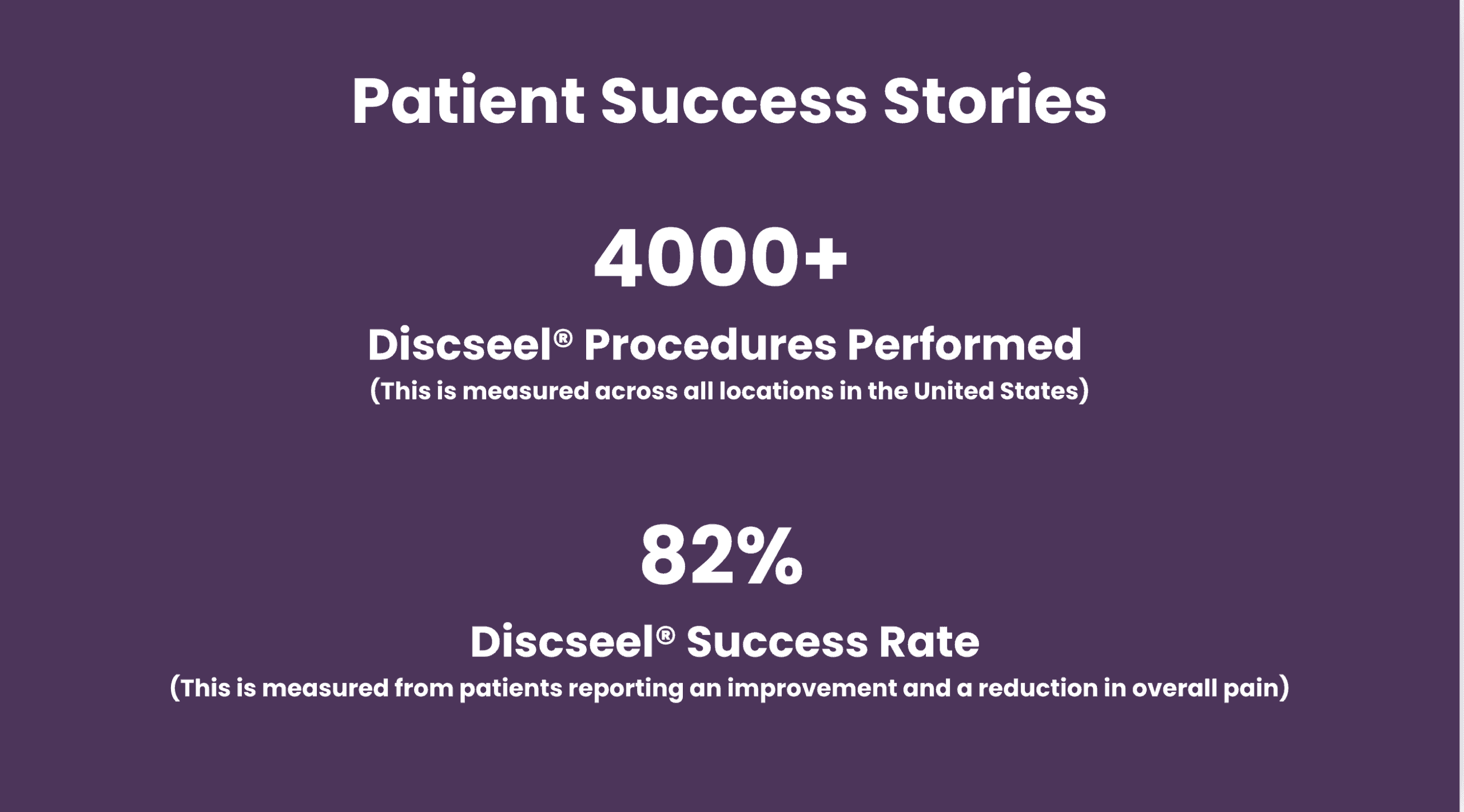 Discseel procedure patient success data showing 82% success rate from 4000+ procedures compared to traditional spinal fusion considerations including restricted mobility and adjacent segment disease risk
