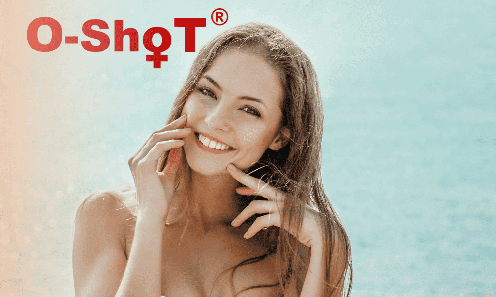 O-shqT female symbol logo with smiling woman at the beach, representing health, wellness, and sports medicine solutions for pain relief and recovery.