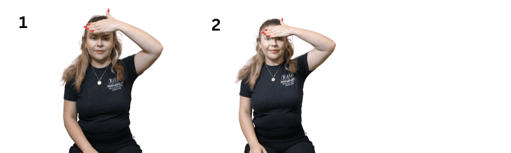 Insomnia relief woman gently pressing forehead for headache pain relief at performance pain sports medicine clinic.