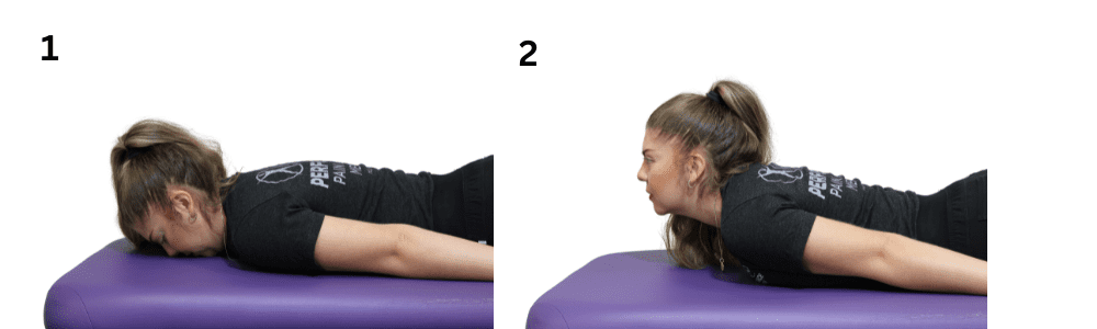 Lying prone on a purple therapy mat during a physical therapy assessment at Performance Pain and Sports Medicine.