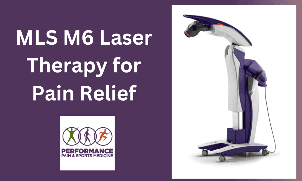 MLS M6 laser therapy device for pain relief at Performance Pain and Sports Medicine facility.