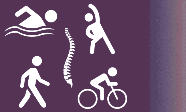2728846 Swimming, stretching, spine, walking, cycling icons on purple background.
