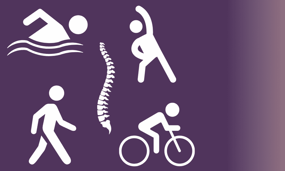 Swimming, stretching, spine, walking, cycling icons on purple background.