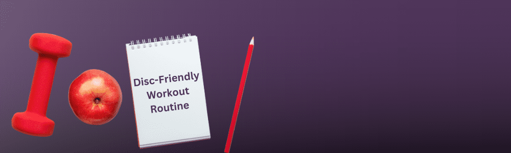 Dumbbell, apple, notepad with "Disc-Friendly Workout Routine" text, and pencil on purple background for sports medicine and injury prevention.