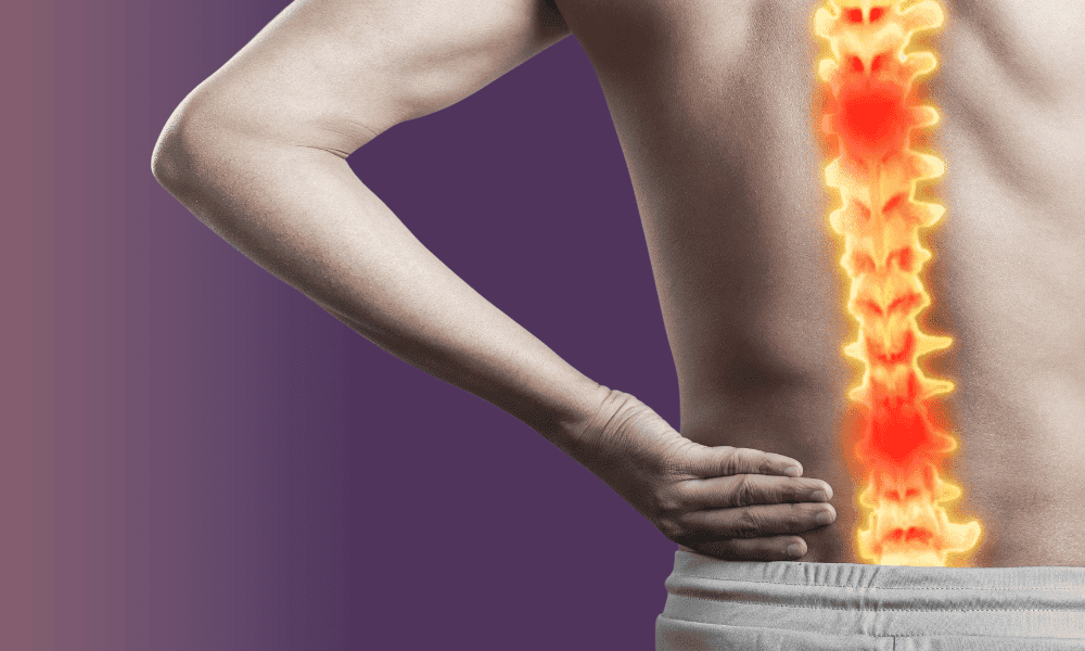 Lower back pain with highlighted spine illustration, emphasizing pain relief and sports medicine treatment options at Performance Pain and Sports Medicine.