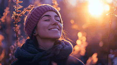 A young woman smiling outdoors at sunset, demonstrating wellness and recovery, representing sports medicine and pain management services.