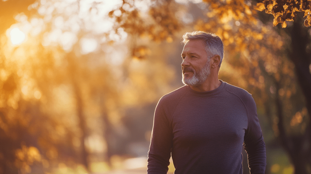 Elderly man outdoors during autumn walking in park, showcasing mobility and sports medicine health benefits.