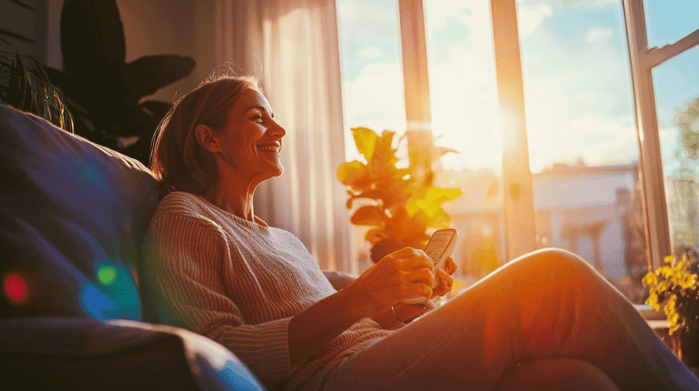 Musculoskeletal pain management and sports medicine clinic, happy woman relaxing at home, sunny morning, health and wellness, modern medical care, comfort, quality patient care, performance enhancement.