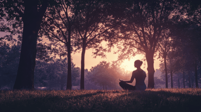 2781030 Peaceful woman meditating outdoors at sunset for sports medicine and pain management SEO.