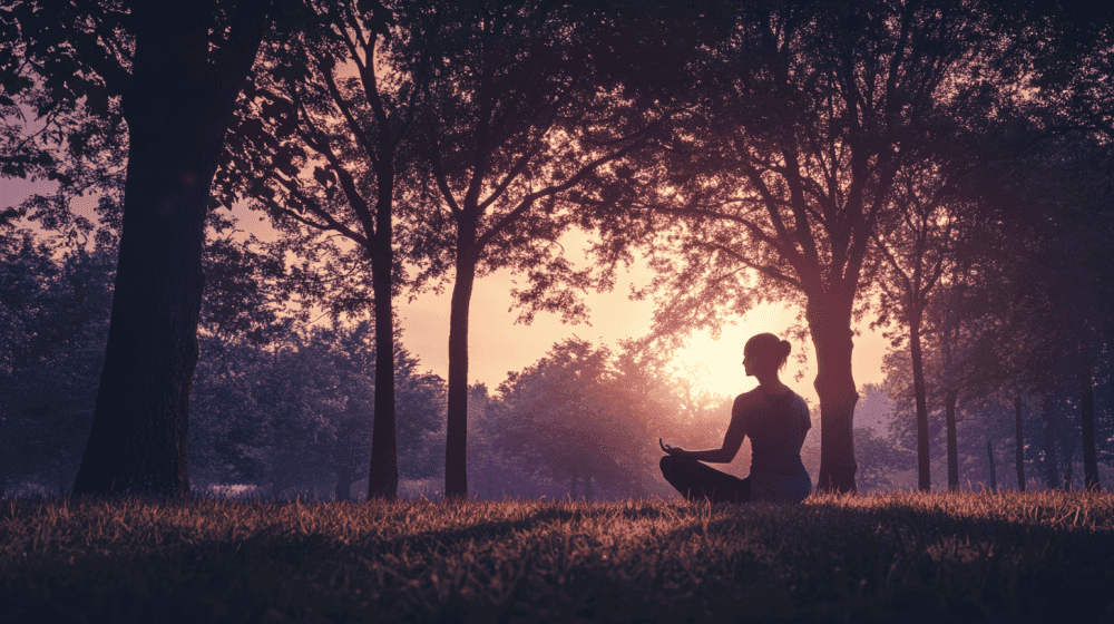 Peaceful woman meditating outdoors at sunset for sports medicine and pain management SEO.