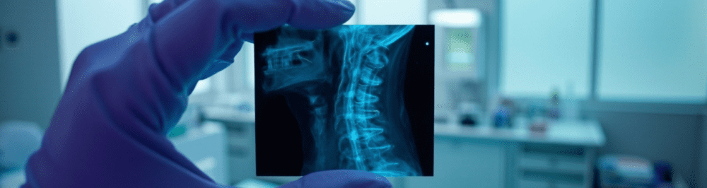 X-ray image of a human spine being examined in a medical setting, highlighting advanced sports medicine and pain management diagnostics.