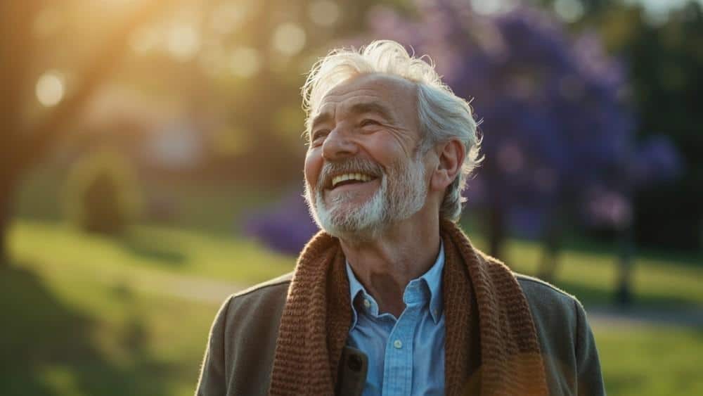 Aging man enjoying outdoors in park, smiling, with sunlight filtering through trees in background, representing health, vitality, and wellness.