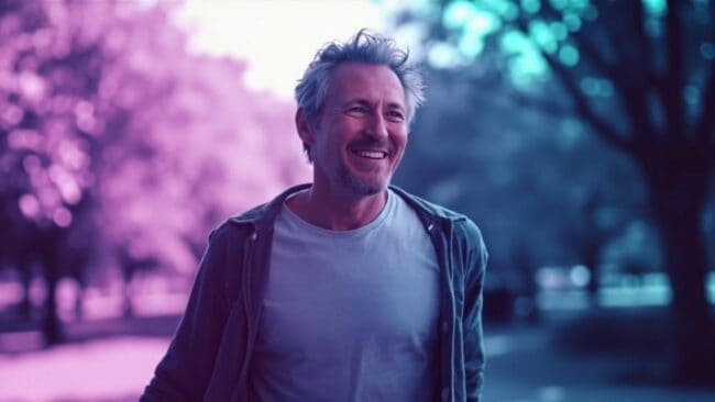 2802434 Older man smiling outdoors in a park, enjoying good health and wellness, representing pain relief and sports medicine benefits for active lifestyles.