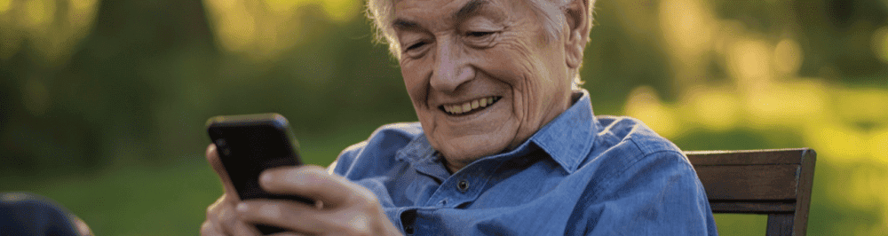 Older man smiling while looking at smartphone outdoors for sports medicine and pain management.