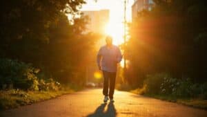 Vegan Man walking outdoors during sunset on a trail, enjoying exercise, a healthy lifestyle, and outdoor fitness at Performance Pain and Sports Medicine.