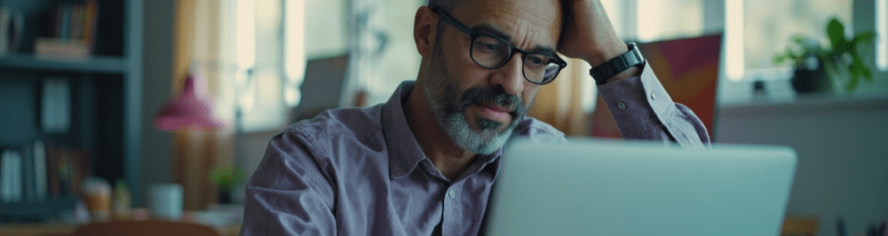 Stressful man working on a laptop in an office setting, representing pain management and sports medicine.