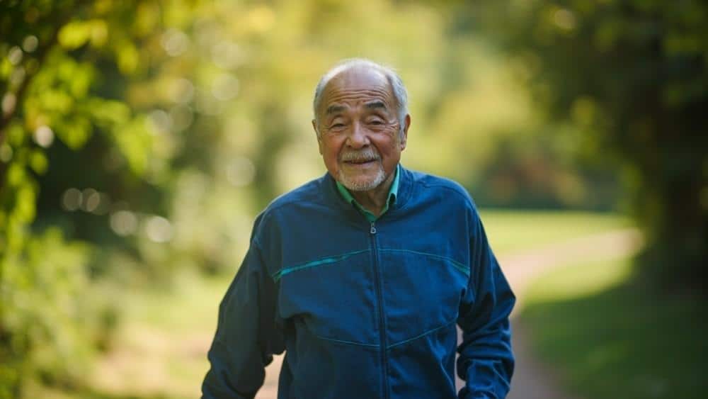 Elderly man smiling outdoors in park for sports medicine and pain management lifestyle image.