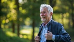Senior man enjoying outdoor walk, healthy aging, physical activity for wellness.