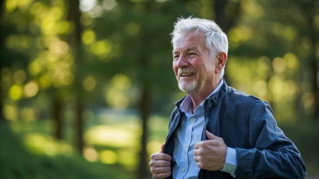 2804566 Senior man enjoying outdoor walk, healthy aging, physical activity for wellness.