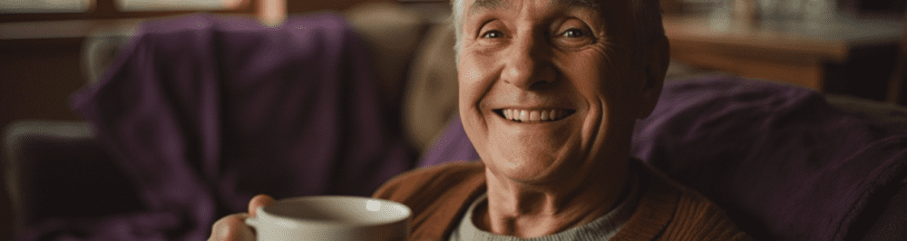 Man smiling with a cup, comfortable at home, representing pain relief and recovery from sports injuries at Performance Pain and Sports Medicine.