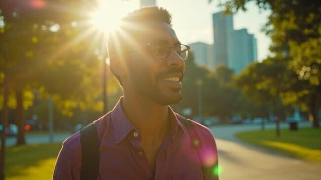 2804990 Vibrant male smiling man walking outdoors in city park during sunset, enjoying health and wellness, representing sports medicine and active lifestyle.