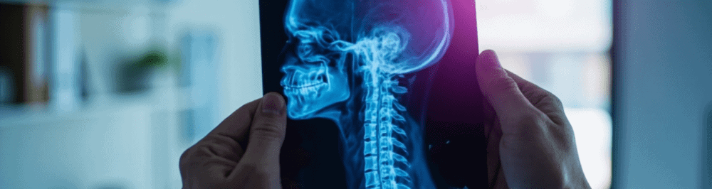 X-ray image of a human skull and cervical spine showing detailed bone structure and spinal alignment related to sports medicine and pain management.