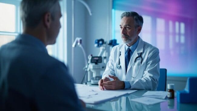 Chronic pain management consultation with a sports medicine doctor in a modern clinic setting.