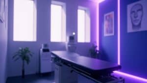Light therapy treatment room at Performance Pain and Sports Medicine clinic with modern medical equipment and purple ambient lighting.