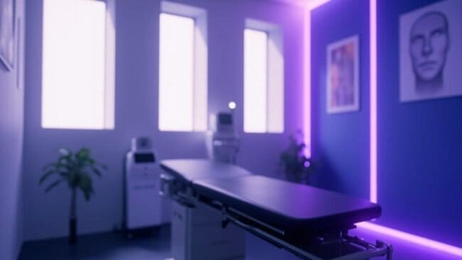 Light therapy treatment room at Performance Pain and Sports Medicine clinic with modern medical equipment and purple ambient lighting.