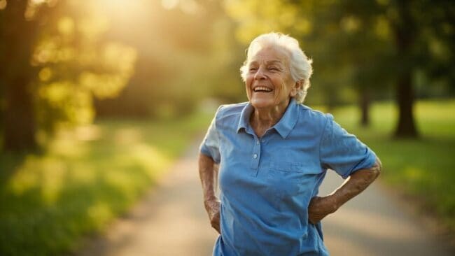 Healthy elderly woman jogging outdoors, representing senior sports medicine and pain management.