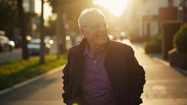 Elderly man walking outdoors during sunset with a smile, representing health, fitness, and pain management through sports medicine and performance therapy.