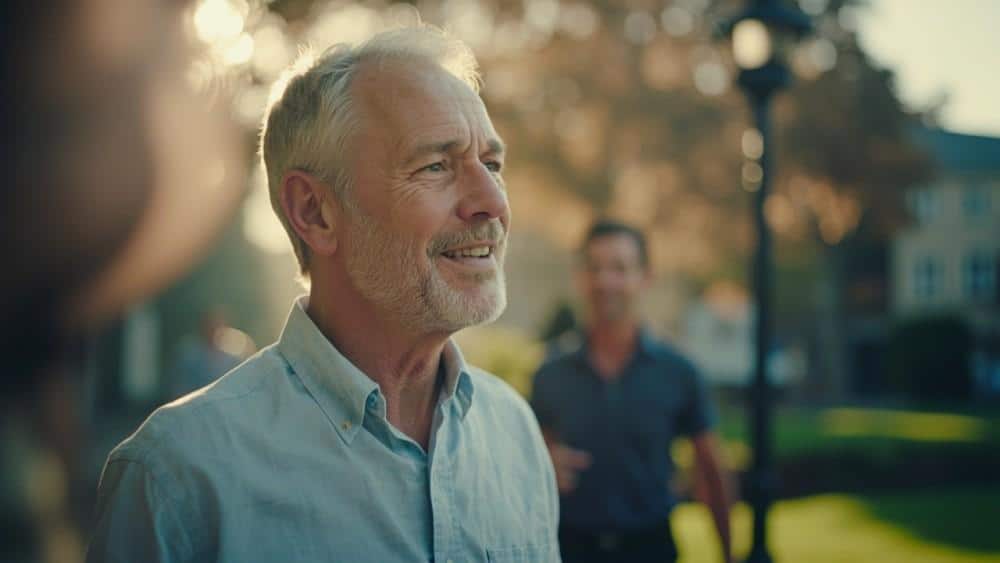 Senior man smiling outdoors during a medical consultation at a sports medicine clinic, emphasizing pain management and recovery solutions for athletes.