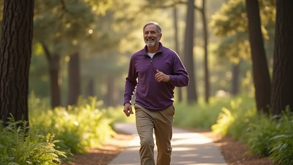 Active adult walking pain-free on park trail after successful nerve block treatment for knee osteoarthritis