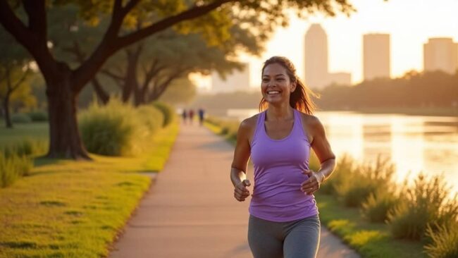 Woman walking confidently on Buffalo Bayou trail after genicular nerve block treatment for knee pain relief