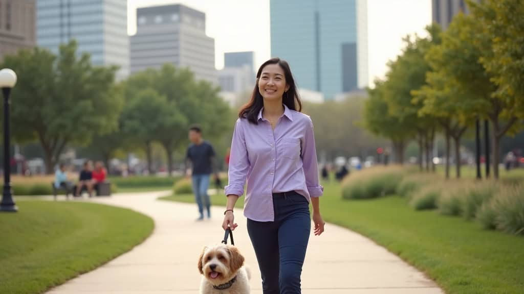 Houston woman enjoying Discovery Green park walk after genicular nerve ablation treatment
