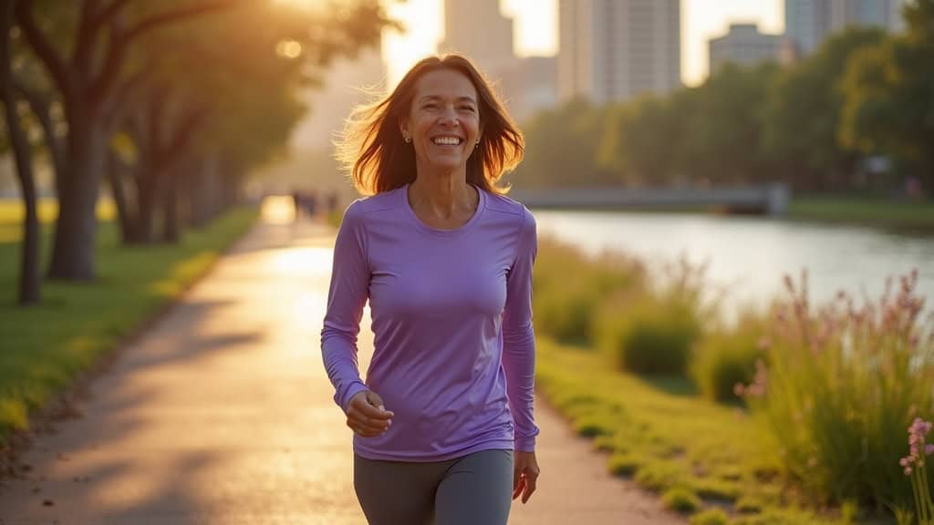 Woman walking confidently on Buffalo Bayou trail after genicular nerve ablation for chronic knee pain relief