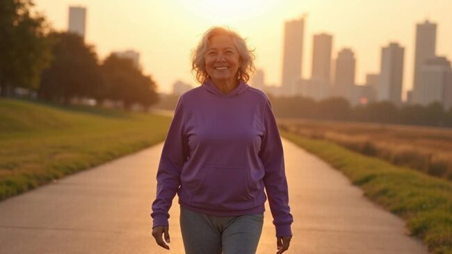 Woman walking pain-free along Buffalo Bayou trail after successful genicular nerve ablation recovery in Houston