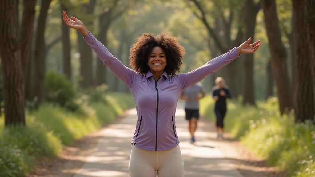 Active woman stretching without pain on Memorial Park trail after trigger point injection treatment