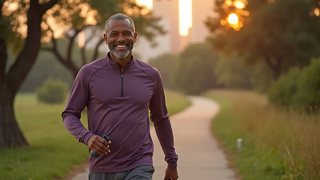 Active adult walking on Buffalo Bayou trail on a sunny Houston morning