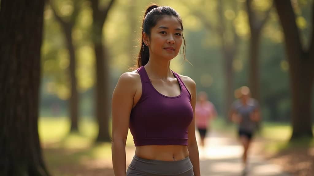 Patient standing on a tree-lined trail in a park during an afternoon walk