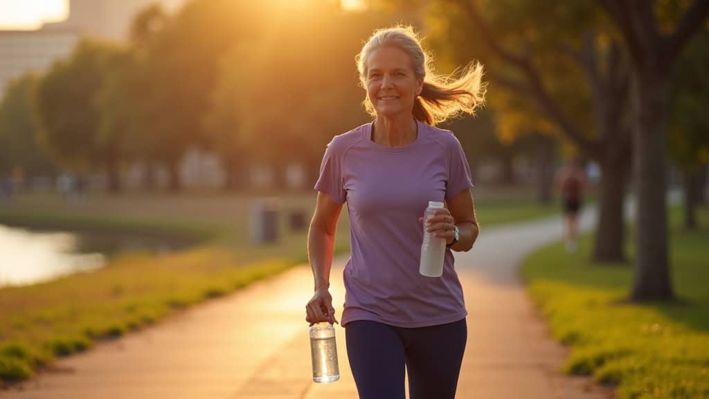 Woman experiencing early pain relief walking Buffalo Bayou trail days after epidural steroid injection