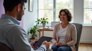 Woman discussing epidural steroid injection recovery timeline with interventional pain physician in Houston medical office