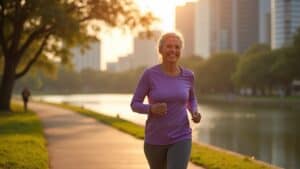 Woman walking confidently on Buffalo Bayou trail after epidural steroid injection relieved chronic back pain