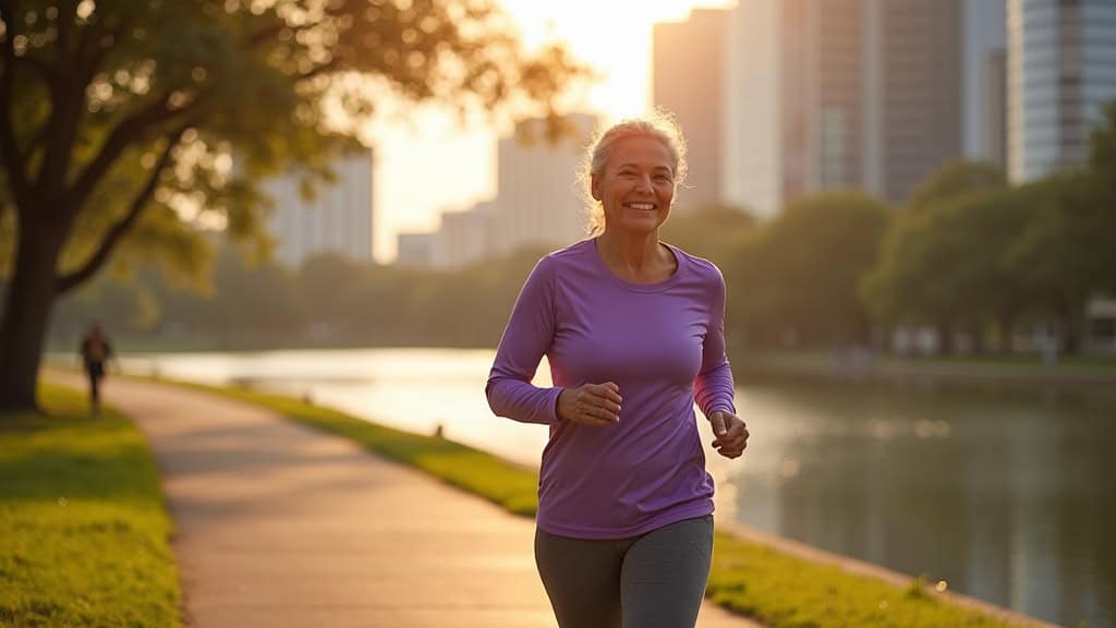Woman walking confidently on Buffalo Bayou trail after epidural steroid injection relieved chronic back pain