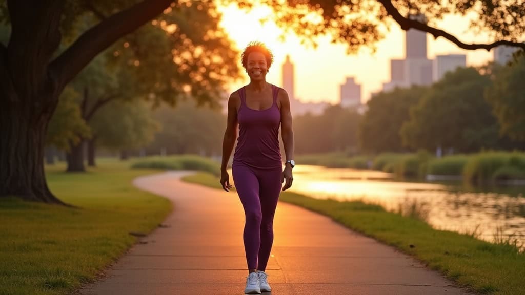 Active woman walking pain-free along Buffalo Bayou trail after SI joint injection treatment in Houston