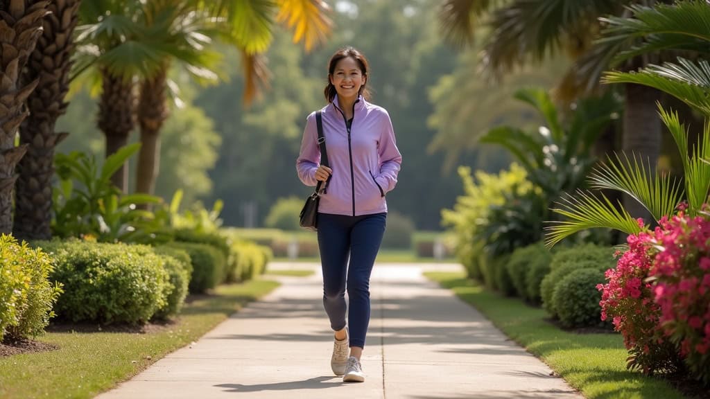 Active woman on outdoor trail path in park setting