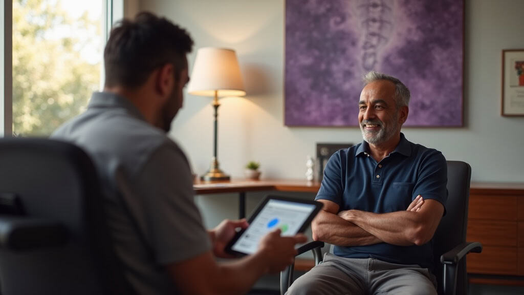 Patient learning about herniated disc evaluation and understanding it differs from spinal cord injury during Houston consultation