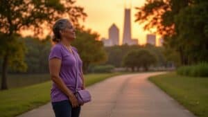 Woman experiencing relief after understanding her herniated disc is not a spinal cord injury on Buffalo Bayou trail