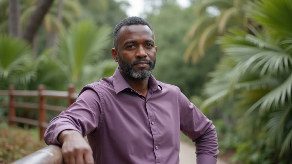 Man contemplating herniated disc recovery information while standing peacefully in Houston's Hermann Park gardens