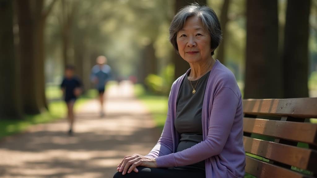Woman considering factors that determine herniated disc healing while resting on Memorial Park trail bench
